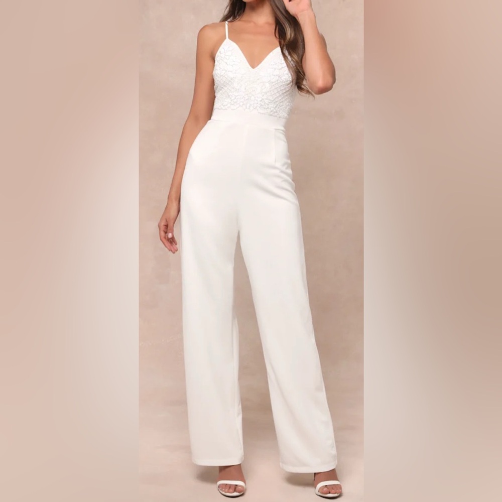 Lulu’s Memorable Occasion White Beaded Sequin Wide-Leg Jumpsuit